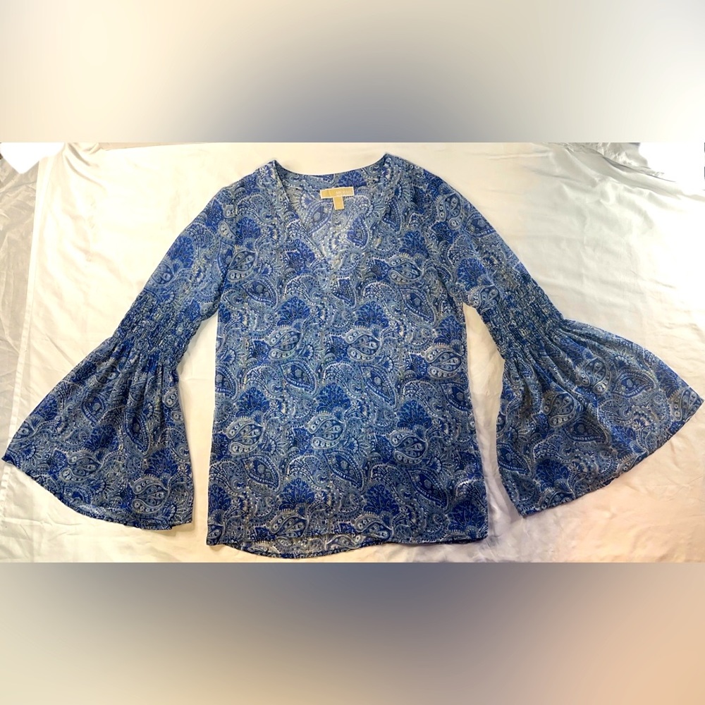 Michael Kors Tunic Shirt Blouse Top Blue Paisley Vneck Long Bell Sleeve